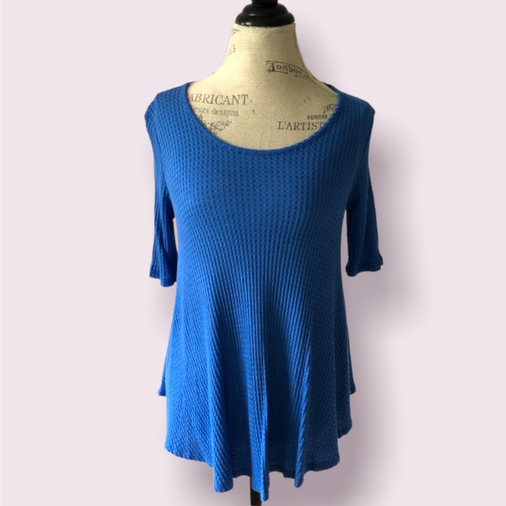 Blue Waffle Knit 3/4 Sleeve Flowy Tunic Loose Small